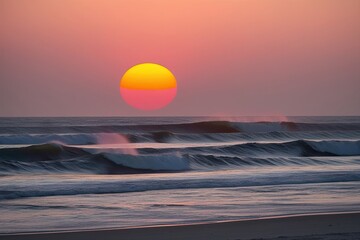 Obraz premium Stunning Sunset Over Ocean Waves with Simple Background