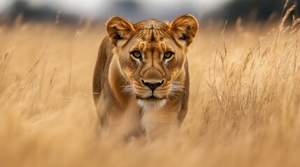 Fototapeta premium A lioness walking through tall grass, showcasing its majestic presence in the wild.