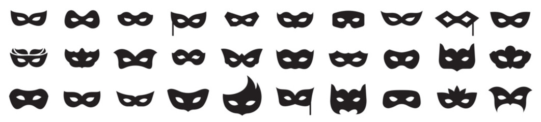 Black mask big icon set. Mask superhero carnival. Different masks silhouette. Black masquerade costume eye mask. Vector illustration. © vectorsanta