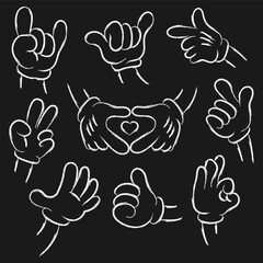 Fototapeta premium Comic hands in gloves gesticulate showing different finger gestures, ok sign, heart shape, like, high five, . Hand drawn chalk doodles mascot hand drawings. Vintage retro cartoon hand gestures. Vector
