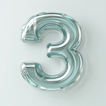 3D number 3 with glass texture realistic modern design, soft lighting, white background