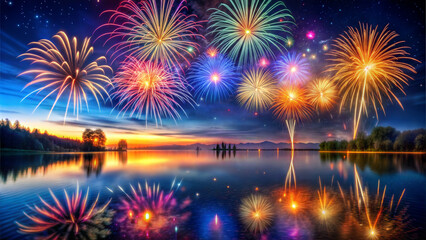 Fototapeta premium Vibrant Fireworks Exploding in a Night Sky with Reflections on a Calm Lake, Celebratory Atmosphere