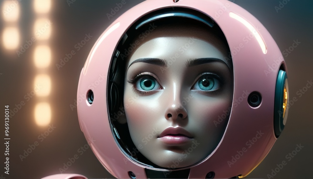 Poster Detailed close-up of a futuristic female android with large expressive eyes, showcasing intricate design and advanced robotics. The background features blurred lights, adding a high-tech ambiance.. AI
