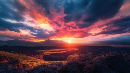 A breathtaking sunset over a volcanic landscape, showcasing vibrant colors and dramatic clouds.