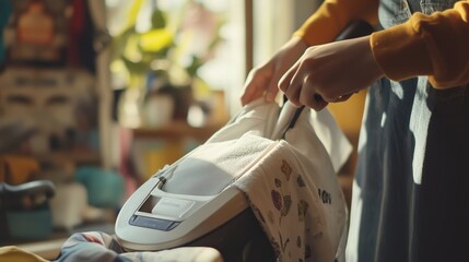 Obraz premium Person using a vacuum cleaner to tidy up a cozy living space filled with houseplants and colorful decor in the afternoon light