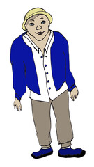 Silhouette of a rural-looking teenager wearing a hat and a bright blue bomber jacket. Isolated digital drawing. Funny sketch of a summer rural farmer man portrait. People in life. Flat human image.