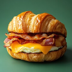 A delicious croissant sandwich filled with bacon and cheese, perfect for breakfast.