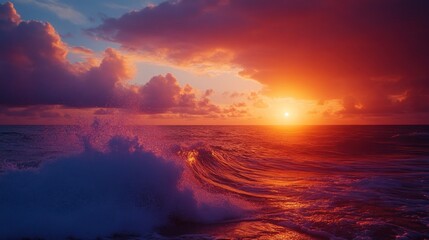 A stunning sunset over the ocean with waves crashing against the shore.