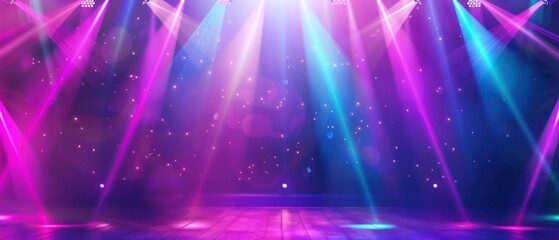 Stage illuminated with pink and blue spotlights with a wooden floor