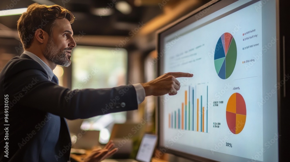 Poster a businessman pointing at a pie chart on a presentation screen during a meeting, discussing company 