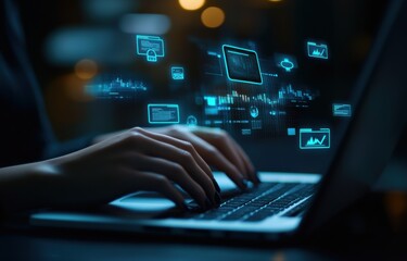 Young business professional engaging in digital banking on a laptop at night with data visualizations