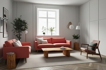 Scandinavian Living Room 3D Visualization with Coral Sofa Cedar Coffee Table and Minimalist Design