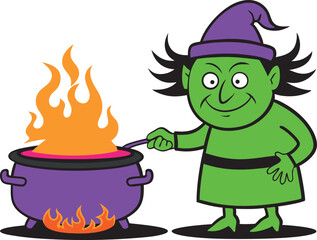 Halloween scary witch cauldron cooking in Magical pot, witches brew