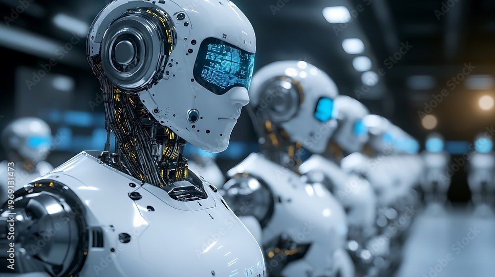 Poster An advanced robotics research facility with autonomous robots performing complex tasks and AI integration