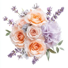 A floral arrangement featuring peach roses, lavender, and light purple blooms.