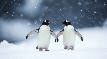 Fototapeta premium Two penguins standing together in a snowy landscape during a snowfall.