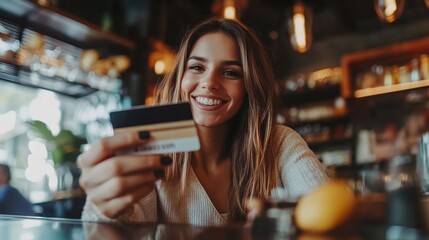 Young woman happily making a contactless payment at a cozy café during a sunny afternoon