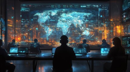 Futuristic holographic classrooms where students attend from across the globe: A fully virtual classroom with students attending from different countries.