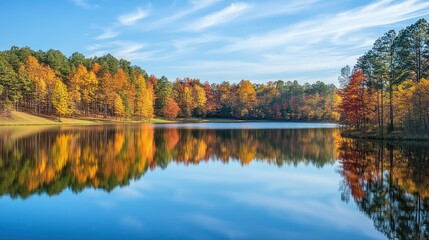 A serene lake surrounded by colorful autumn foliage reflecting in calm waters.