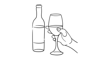 Continuous line champagne cheers, continuous drawing contour. Hand toasting with wine glasses with drinks. Cheers toast festive decoration for holidays. Vector illustration	