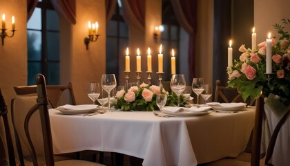 An elegant dining table set with candles and flowers, ready for a romantic dinner. The dim lighting and beautiful table setting create a perfect ambiance for a special evening. Ideal for hospitality