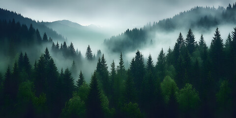 Mystic foggy dark green pine tree forest, landscape background