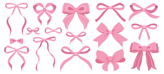 Simple hand drawn pink ribbon bow collection. Bowknot for decoration, big set of bowtie. Large retro handdrawn ribbon illustration set. Set of various cartoon bow knots, gift ribbons. 