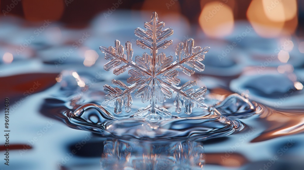 Poster a close-up of a snowflake resting on a surface of water, showcasing intricate details and reflection