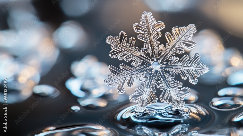 Poster a close-up of a delicate snowflake resting on a reflective surface with droplets.