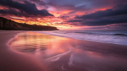 Fototapeta premium A stunning sunset over a beach, reflecting vibrant colors on wet sand.