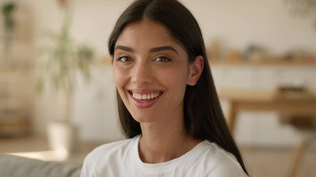 Portrait indoors carefree positive happy smiling girlfriend wife Muslim Indian woman Arabian girl female lady at home couch sofa looking at camera smile toothy health dental tenant own loan mortgage