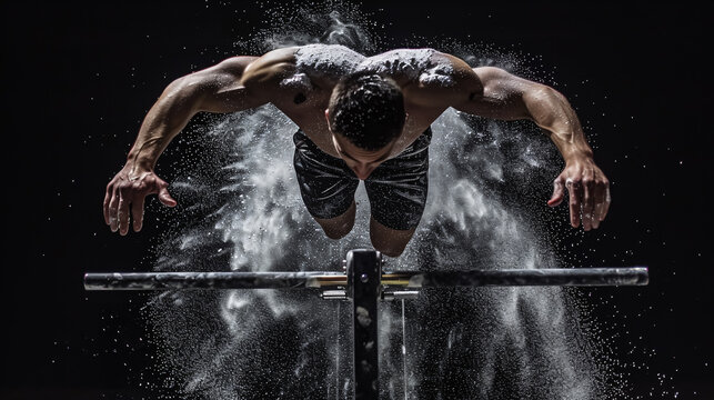 Male athlete executing a challenging exercise on gymnastic parallel bars with talcum powder. Isolated on black background.