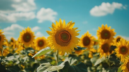 Obraz premium A vibrant field of sunflowers under a blue sky with fluffy clouds.