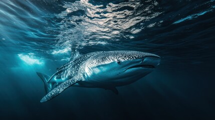 Fototapeta premium A majestic whale shark gliding through the deep blue ocean waters.