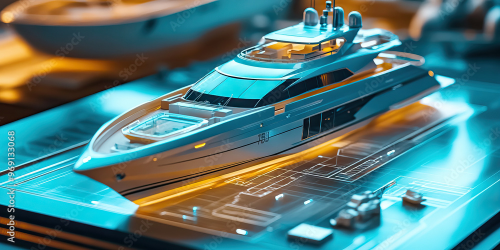 Poster sailing into innovation: a sleek yacht surrounded by prototypes and blueprints on display.