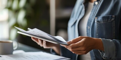 Fototapeta premium Person holding papers and a tablet.