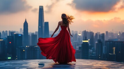 Fototapeta premium A woman in a flowing red dress stands against a city skyline at sunset.