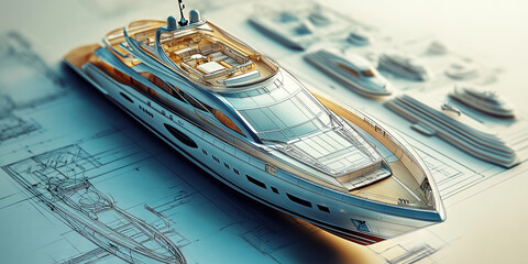 Sailing into Innovation: A sleek yacht surrounded by prototypes and blueprints on display.