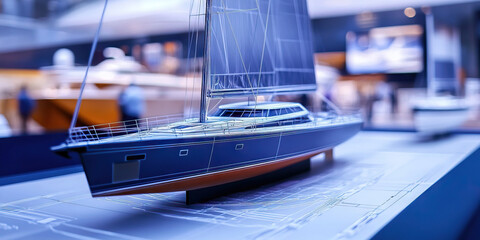 Sailing into Innovation: A sleek yacht surrounded by prototypes and blueprints on display.