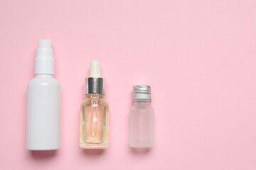 Natural cosmetic products on color background, top view