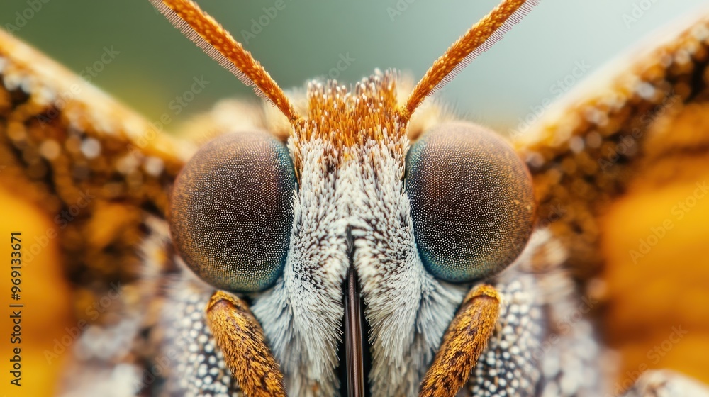 Poster close-up of a butterfly's face highlighting its intricate features and textures.