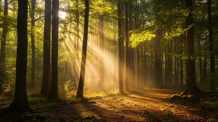 Obraz premium Magical sunbeams shining through a dense forest, creating a stunning Tyndall effect with mist swirling in the air and illuminating the woodland floor.