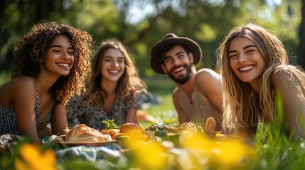 A diverse group of friends laughing together at a picnic in the park - Powered by Adobe