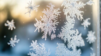 A close-up of delicate snowflakes against a soft, blurred winter background.