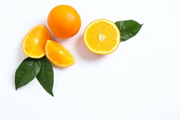 Fresh orange citrus with green leaves isolated on white background