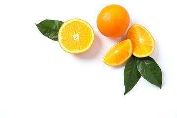 Fresh orange citrus with green leaves isolated on white background
