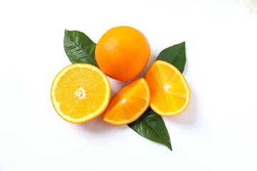 Fresh orange citrus with green leaves isolated on white background