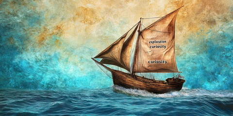 Voyage of the Mind: A yacht navigating uncharted waters, with "exploration" and "curiosity" emblazoned on its sails.