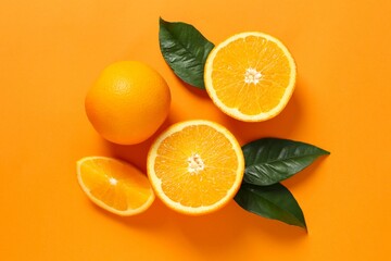 Fresh orange citrus with green leaves on color background