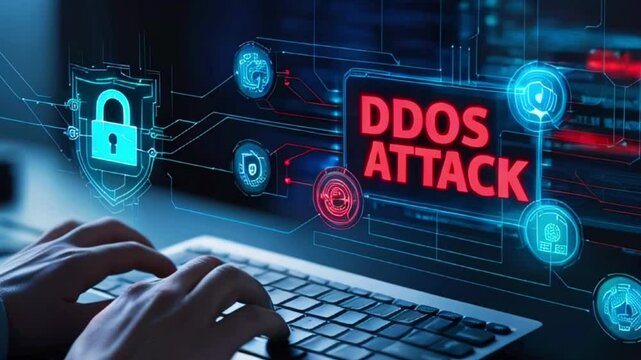 Close-up of hands typing on a laptop keyboard with a digital illustration of a shield and a lock. The words 'DDOS Attack' are displayed in red on a blue screen behind.